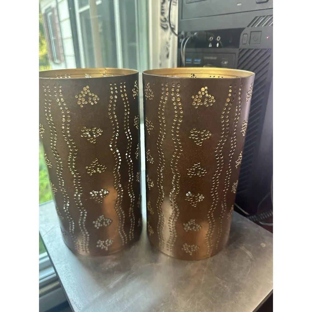 VTG Set of 2 Bronze Punched Tin Candle Holder 8X4.5 inches